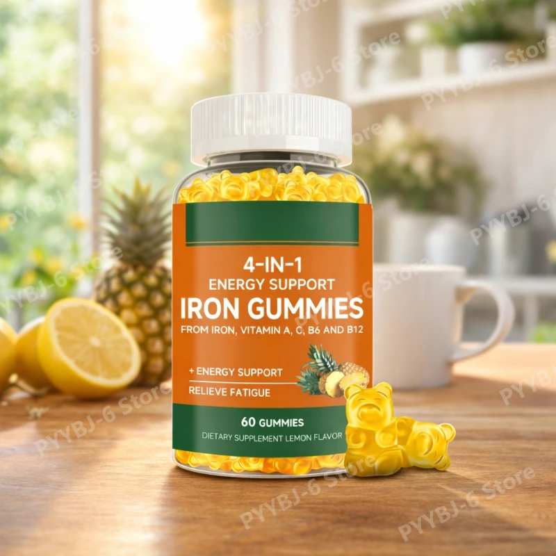 

Жевательные конфеты Iron Gummies с витаминами A, C, D3, B12 для взрослых, поддерживающие энергию и иммунитет, без ГМО, со вкусом лимона, диетическая добавка, 60 конфет