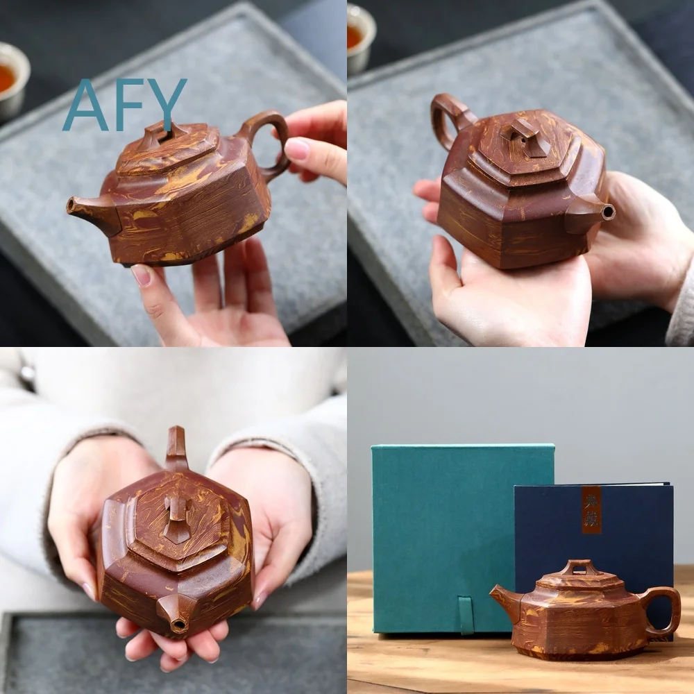 Handmade Yixing Zisha Teapot for Tea Lovers Six-Sided Clay Pot with Marbled Texture for Home Office Decor Tea Set Display on