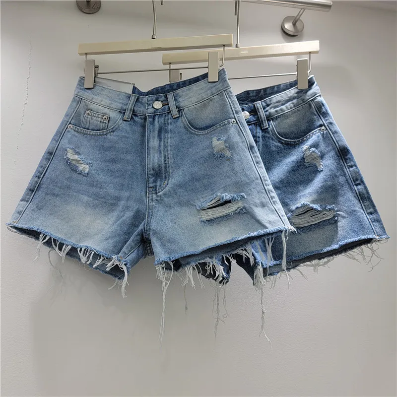 Summer New Women's Ripped Denim Shorts French Simple Casual Fashionable Commute Fringed High Waist Straight Leg Shorts