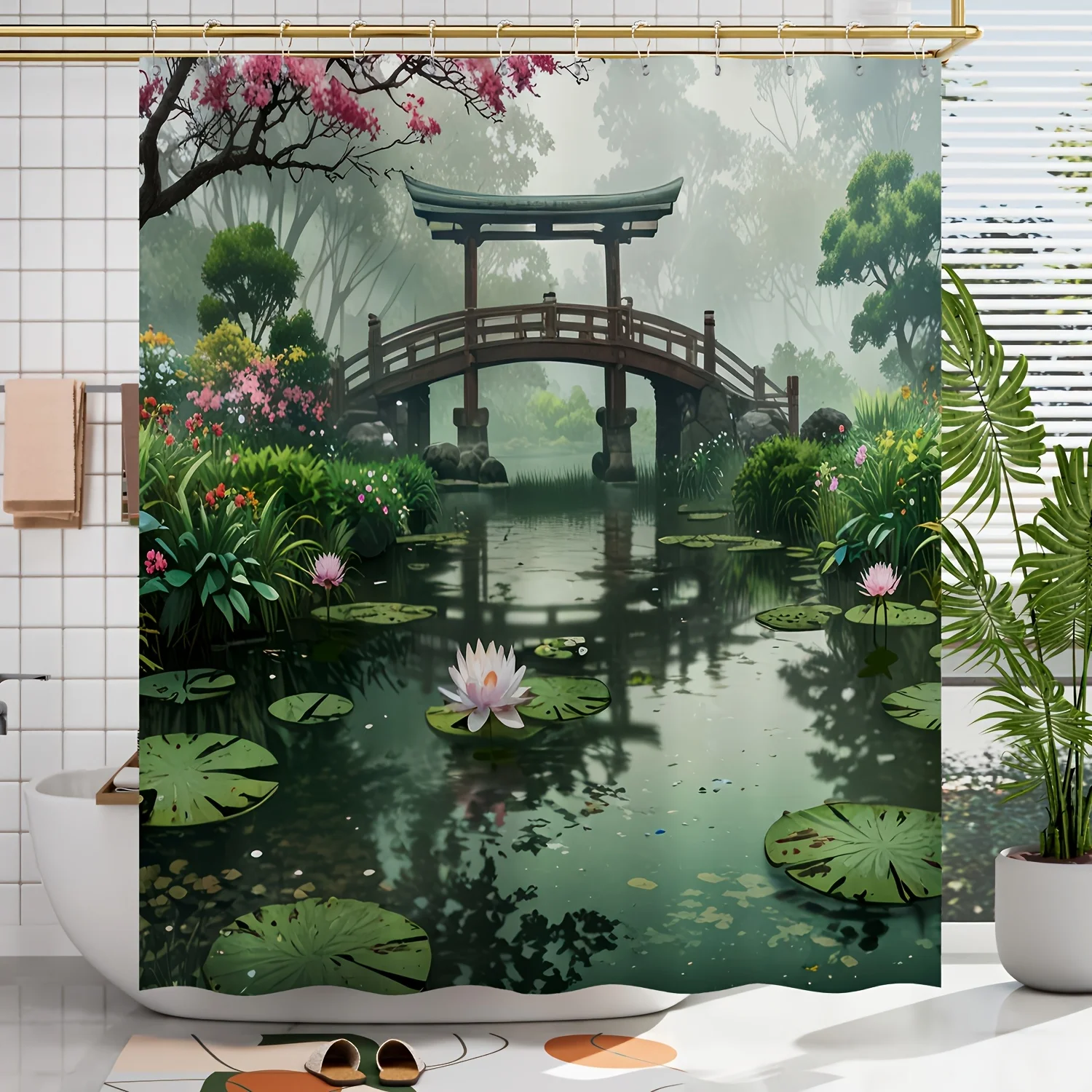 

1 шт., весенне-летний парк, японская архитектура, пейзаж, занавеска для душа с цифровым принтом, украшение для ванной комнаты, домашний декор, приходит с