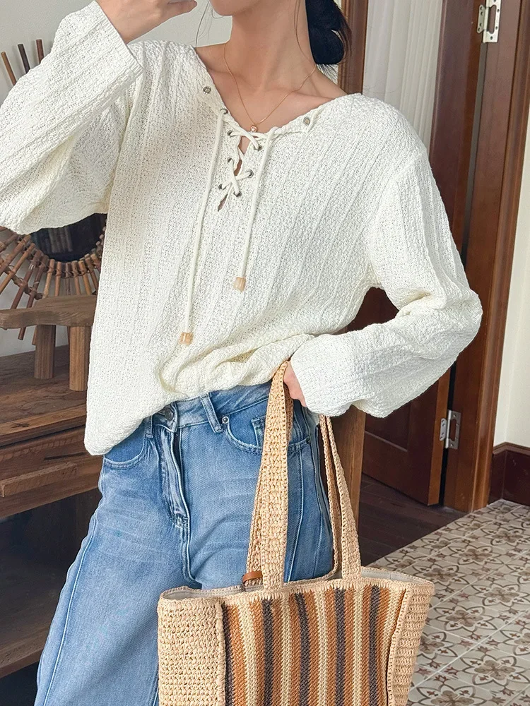 GypsyLady French Chic Knitted Sweater Blouse V-neck Lace Up Autumn Spring Long Sleeve Women Sweaters Autumn Ladies Jumpers New