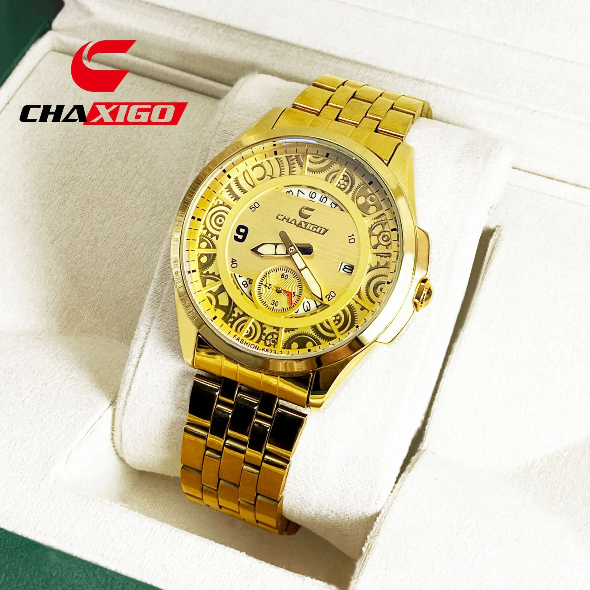 

CHAXIGO Роскошные мужские золотые часы из нержавеющей стали, модные мужские деловые кожаные кварцевые часы, мужской календарь, светящиеся часы