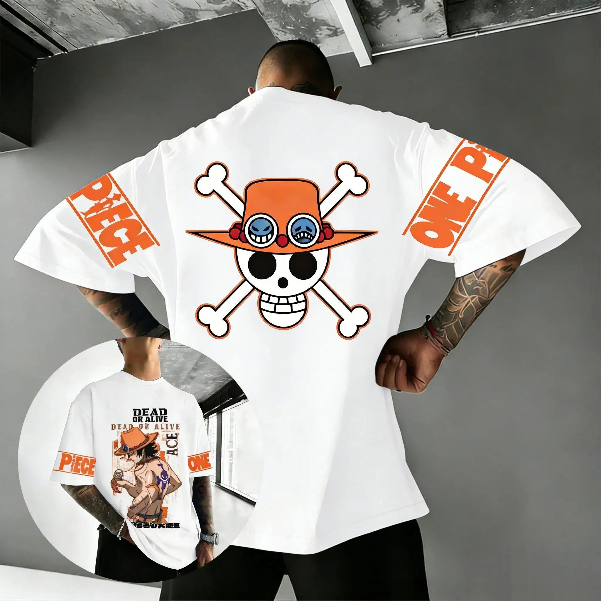 One Piece Whitebeard Ace T-shirt Men Bold Print Cotton Anime Tee Edgy Streetwear Breathable Stylish Daily Casual 2026 Summer