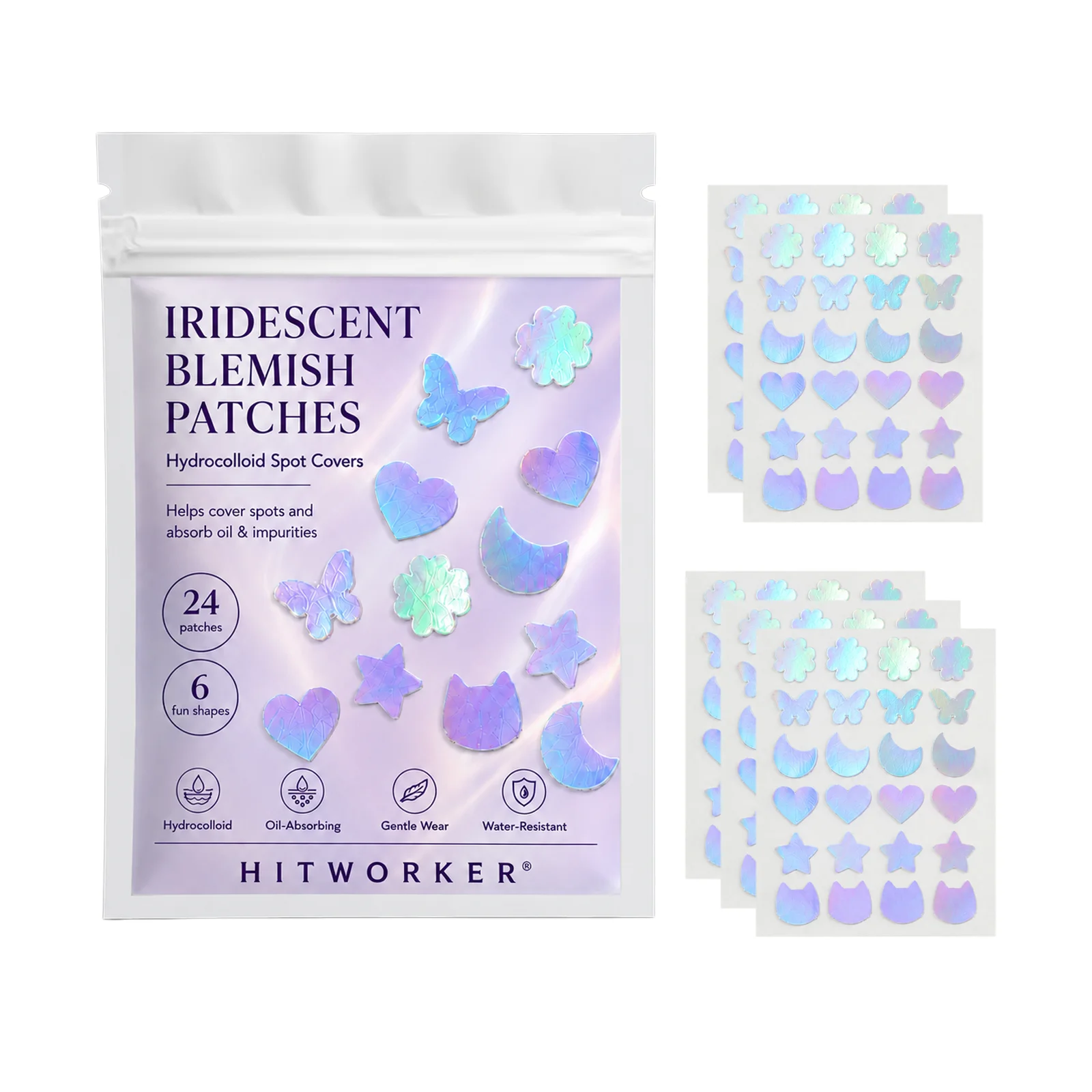 Iridescent Mixed‑Shape Pimple Patches 120PCS Hydrocolloid Butterfly Moon Star Heart Waterproof Acne Blemish Spot Cover Stickers