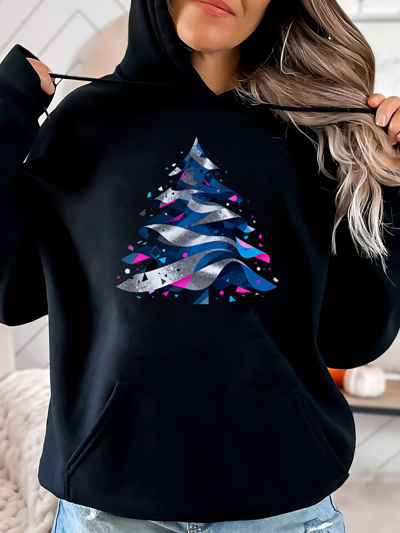

Christmas Tree Print Holiday Hoodie Women Casual Wear Party Outfit Black Plus-Size