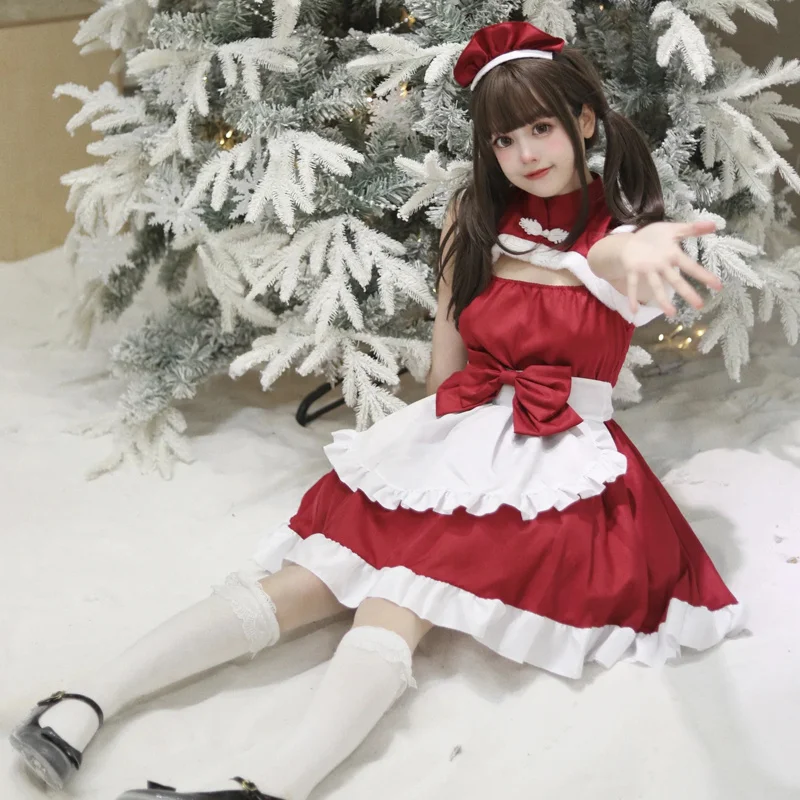 Christmas New Year Role Play Party Women Girls Red Maid Outfit Cosplay Suit Cute Outfit Lovely Girls Housemaid Cosplay Costume