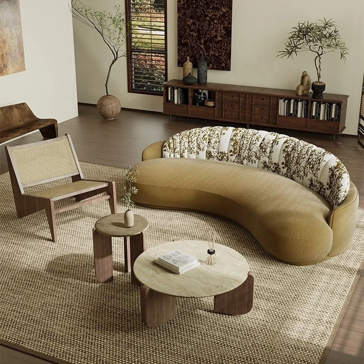 #Mid Century Modern Curved Velvet Fabric Sectional Sofa Tufted Back Cloud Couch With Table Living Room Apartment Home Furniture