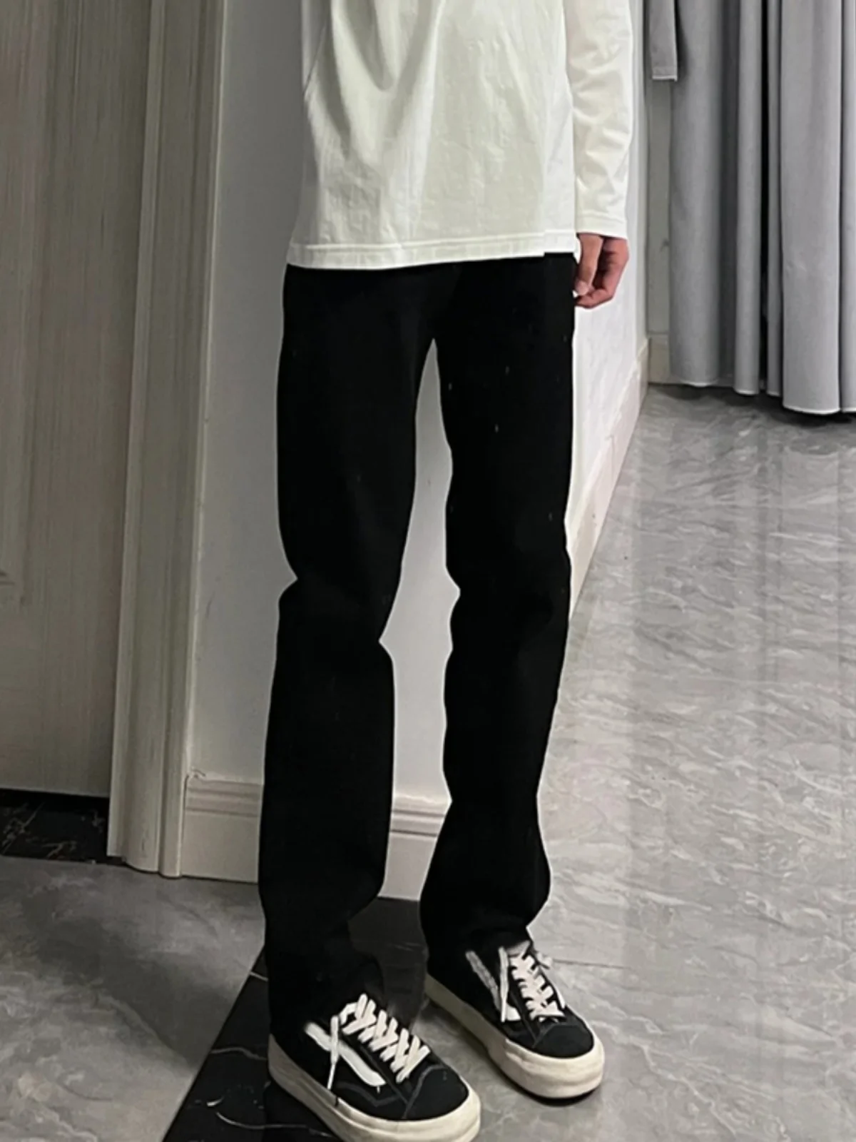 Black Slim Fit Straight Leg Jeans Men's High Street Cleanfit Denim Nine Point Pants American Vibe Youth Fashion Cotton Polyes...