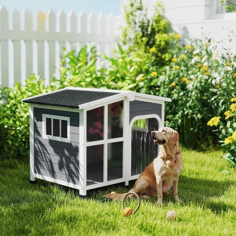 Cabin-Style Wooden Dog House for Large Dogs Outside with Openable Roof & Giant Window, Big Dog House Outdoor & Indoor, As
