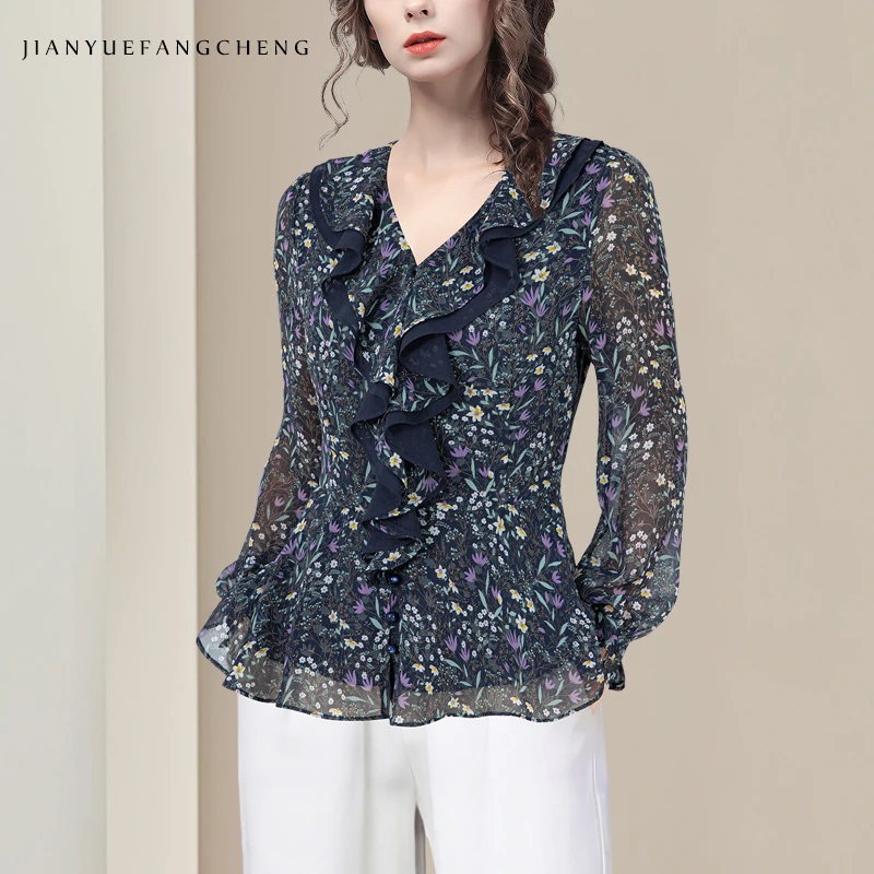 

Женская летняя шифоновая блузка с цветочным принтом и растениями, повседневные топы с длинным рукавом и v-образным вырезом, оборками, жемчугом и пуговицами, женские рубашки