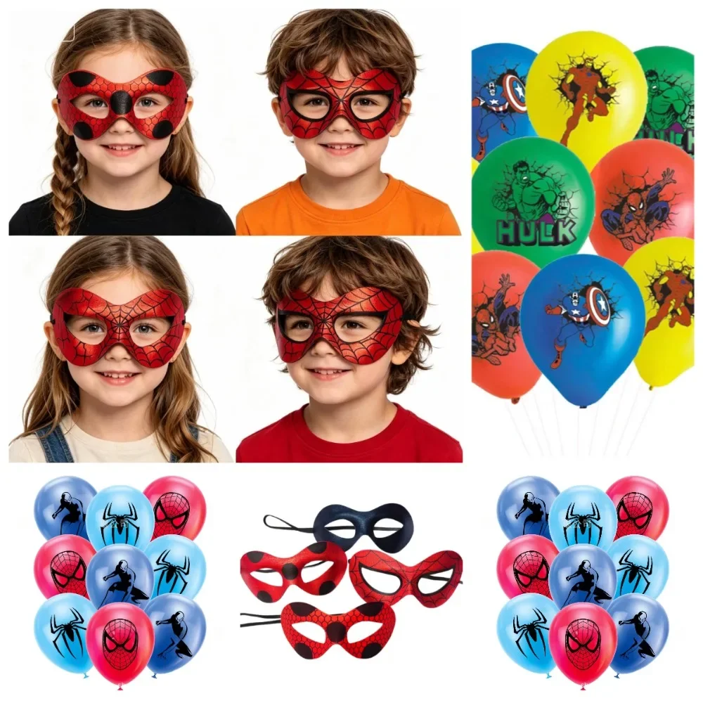 Decoraciones para fiestas de cumpleaños con temática de Spiderman: globos y máscaras con motivos de arañas. Excelentes recuerdos para fiestas de sus increíbles amigos.