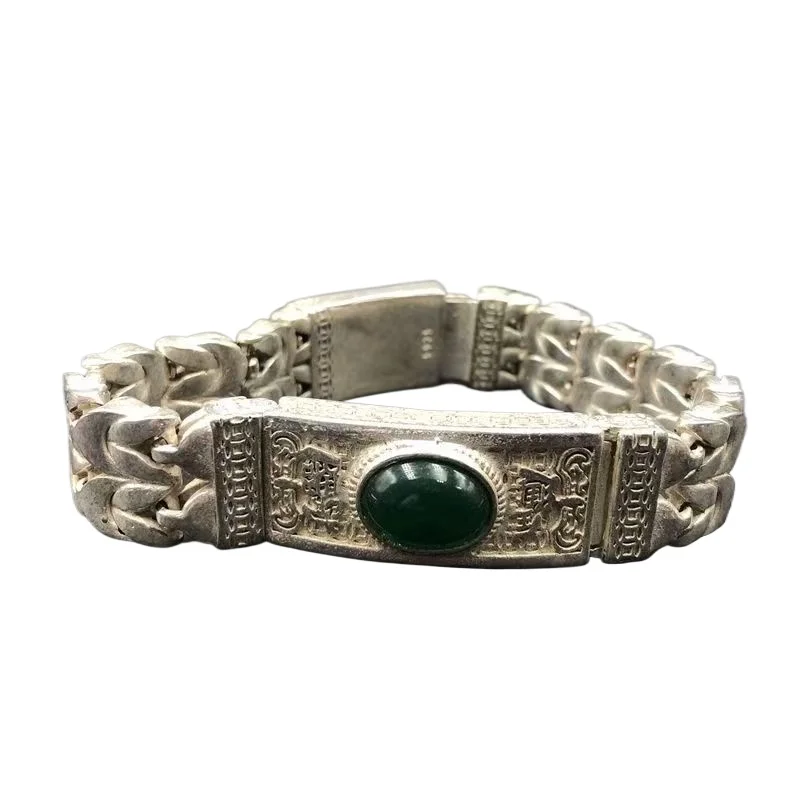 

Тибетский серебряный инкрустированный изумрудный браслет для мужчин и женщин, модный бутик для пар, персонализированный простой ювелирный подарок