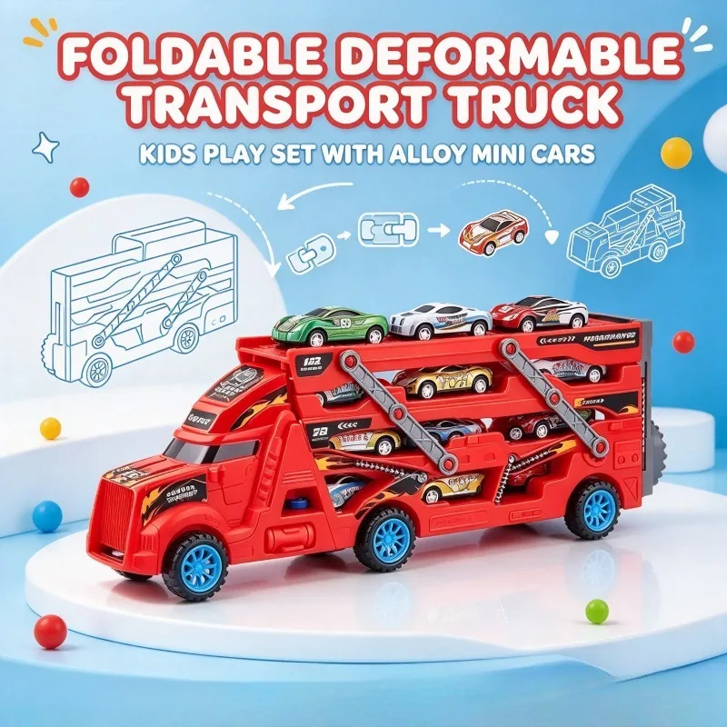 Deformable Pull Back Alloy Car Toy Foldable Storage Transporter with Ejection Track Indoor Interactive Game Gift for Boys