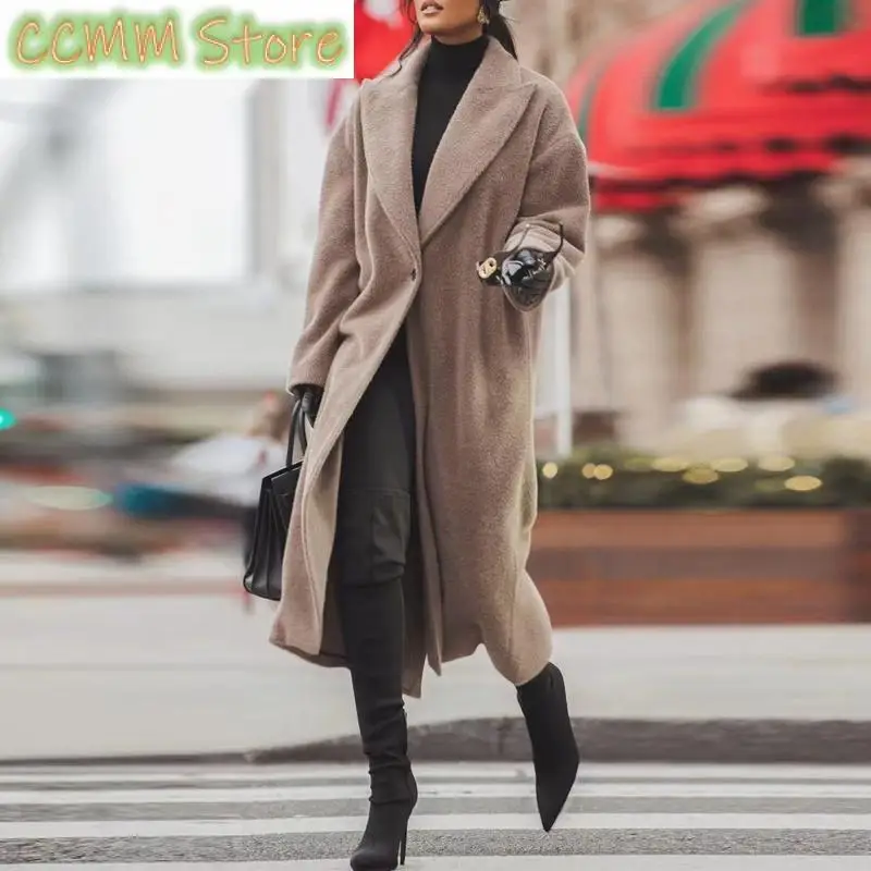 Winter Women Solid Color Commuting Office Overcoat Lady Lapel One-Button Fleece Outerwear Female Casual Single Pocket Long Coats