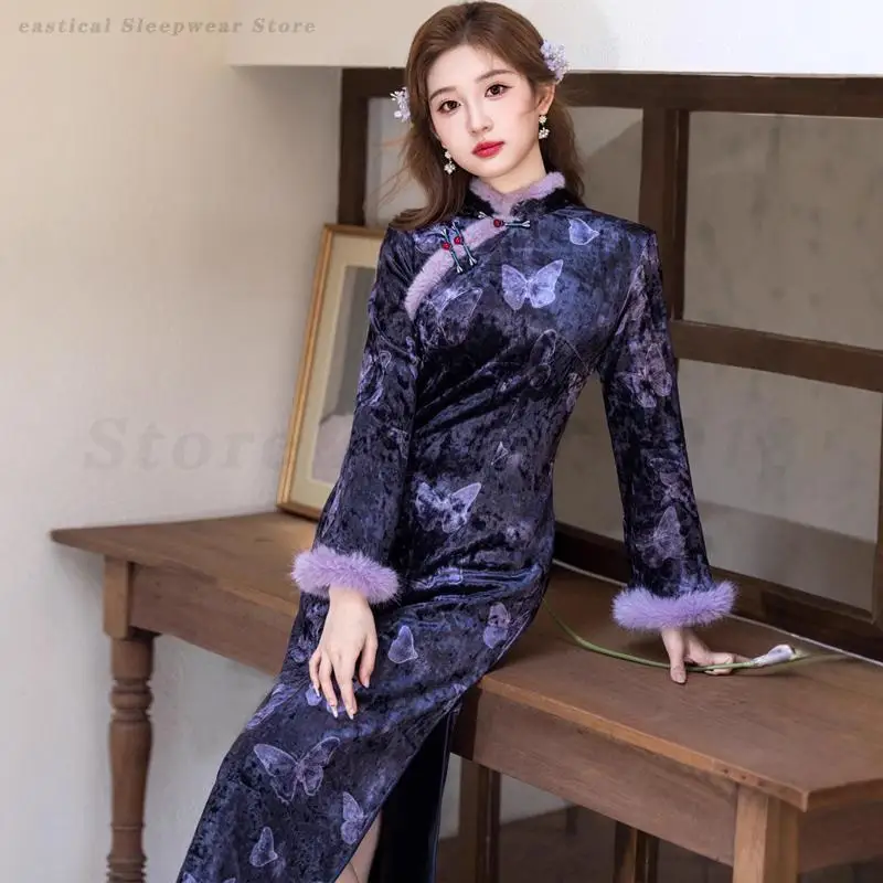 

Autumn Winter Velvet Qipao Retro Butterfly Jacquard Cheongsam Chinese Traditional Dress Large Size 3XL Evening Party Dresses