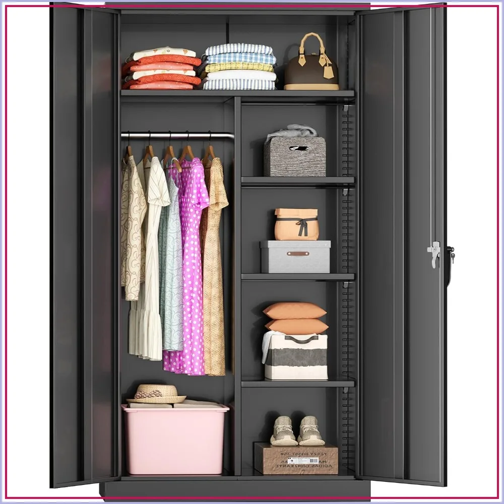 Black Metal Wardrobe Cabinet with Locking Doors, 72