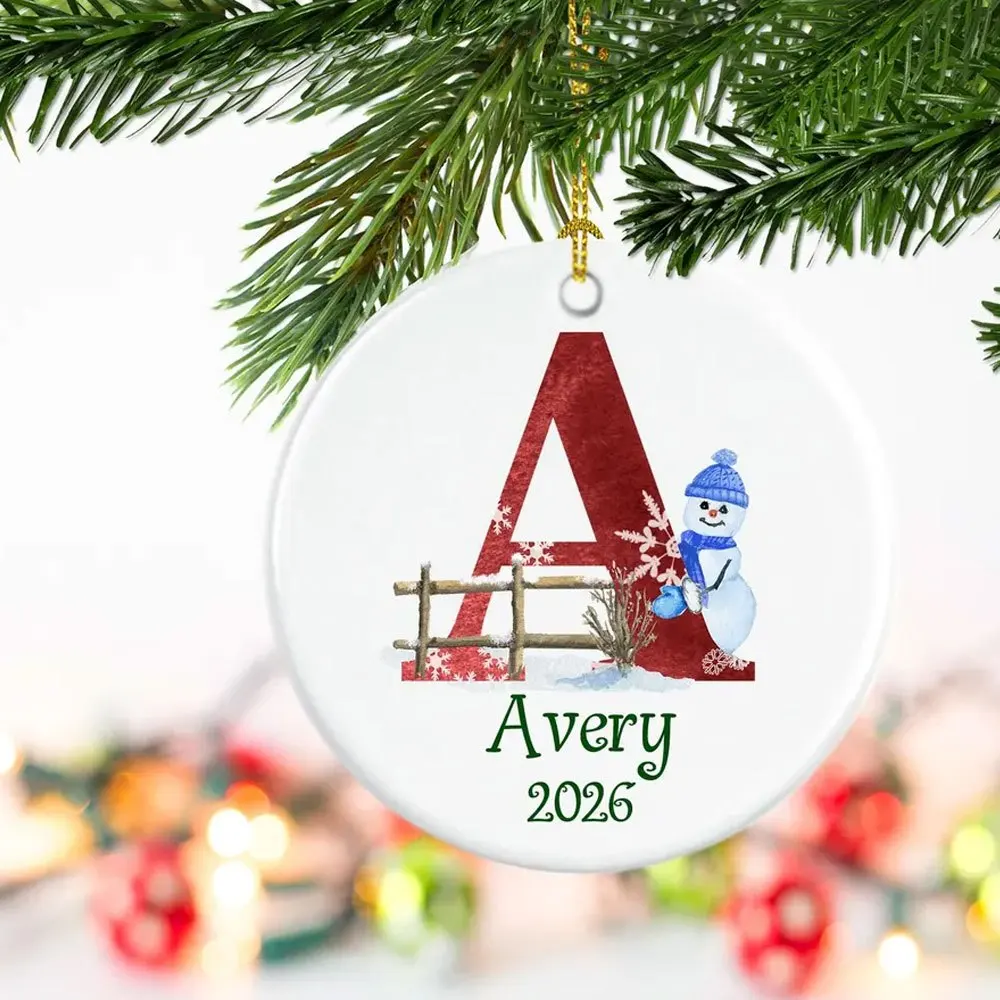 Christmas Ceramic Ornament Custom Name & Year Letter with Snowman, Round Xmas Tree Hanging Bauble Keepsake Gift for Kids.