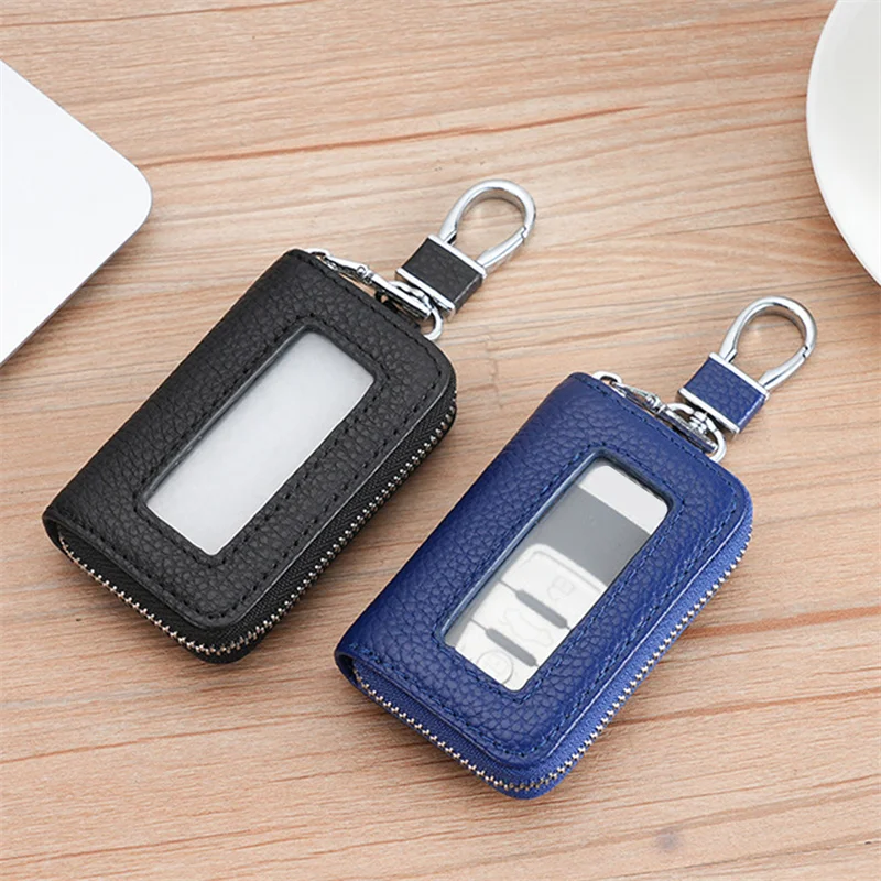 Car Key Bag Visual Mirror Window Key Protector Bag Leather Key Holder Mini Auto Key Pocket Case Retro Keyring Wallet Zipper Bag