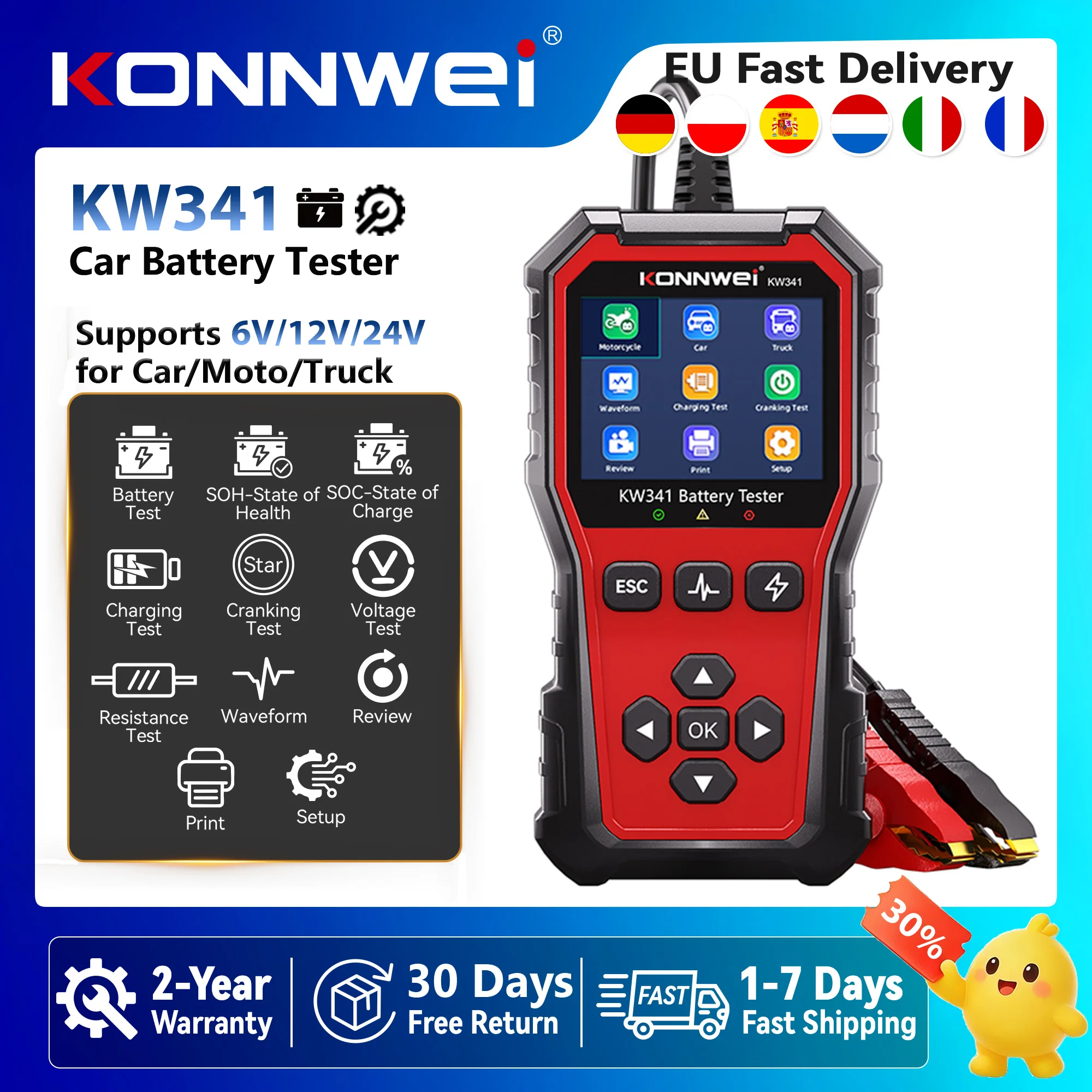 KONNWEI KW341 Autobatterietester 6V/12V/24V AMG GEL EFB LITHIUM Batterie SOH SOC-Ladezustand Fehlerdaten Druck Startspannungstest Scan-Tool Kostenloser Versand