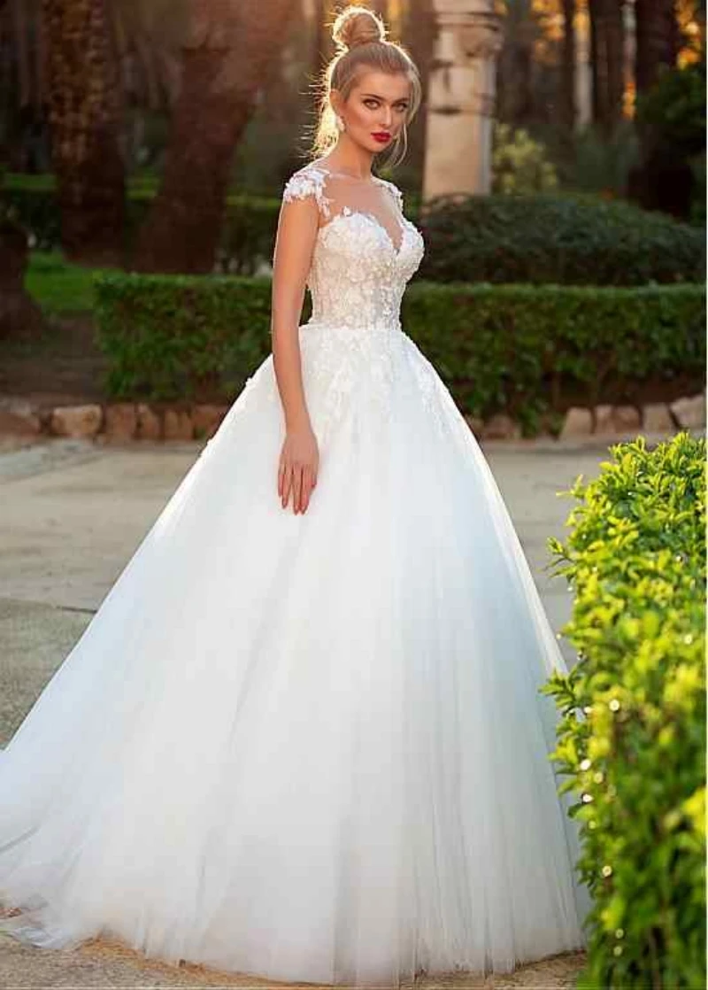 Classic A-Line Gown Wedding Dresses Flowers Pattern Lace Bridal Gowns Sweep Train Big Size Vestidos De Novia Custom Size Colour