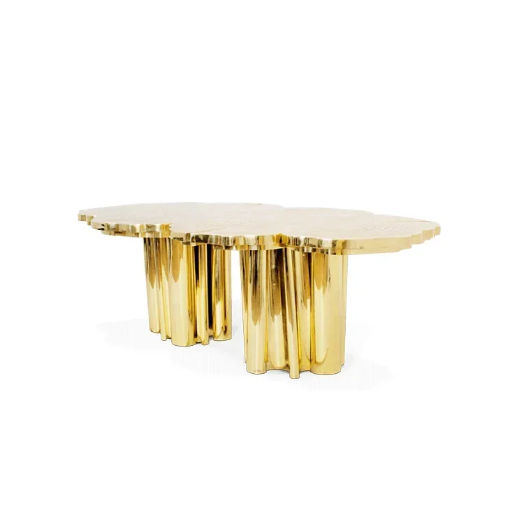 Dining room furniture Modern light luxury metal dining table Wood grain stainless steel special-shaped long table