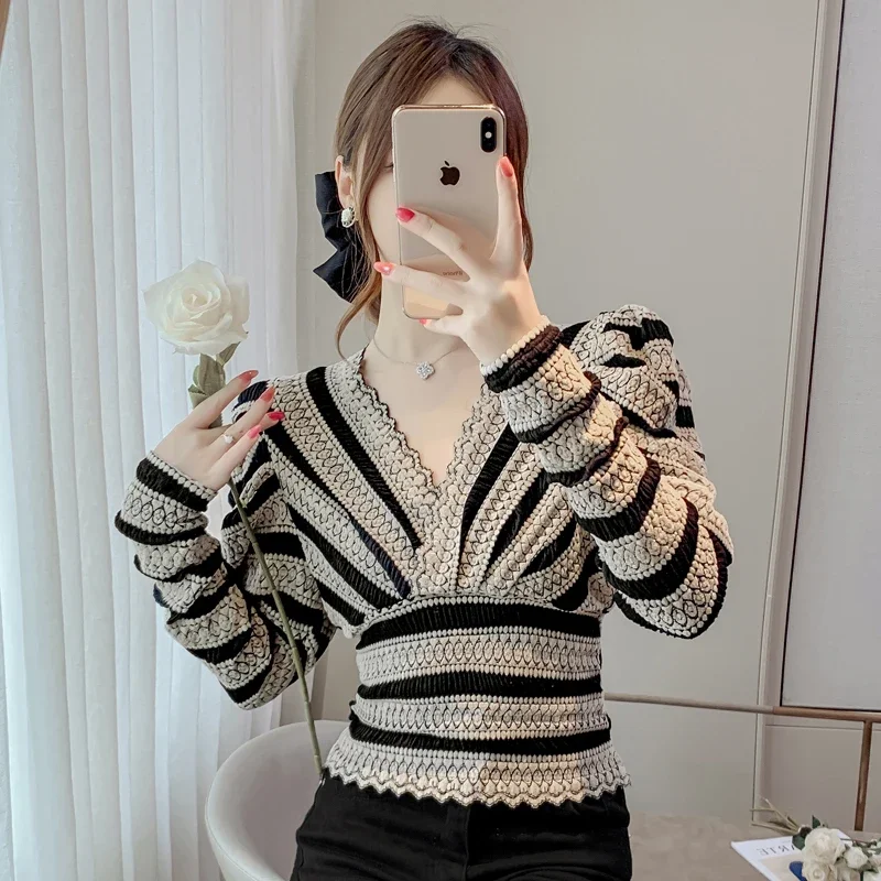 Vintage French Women Stripe Shirts Lace Lolita Elegant Long Sleeve Flounce Blouse Office Lady New Fashion Chic Female Tops 2024