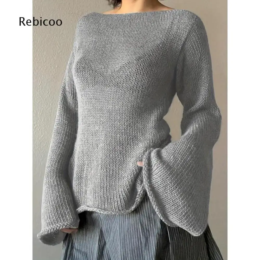 Loose Fit Knit Pullover Top For Women Boat Neck Solid Long Flare Sleeve Sweater For Multiple Cool Weather Casual Scenarios