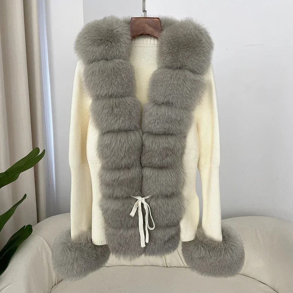 New Autumn-winter Women\'s Fur Coat Bandage Fur Cardigan Detachable Collar Jacket Fur Coat Luxury Patchwork Knitted Sweater