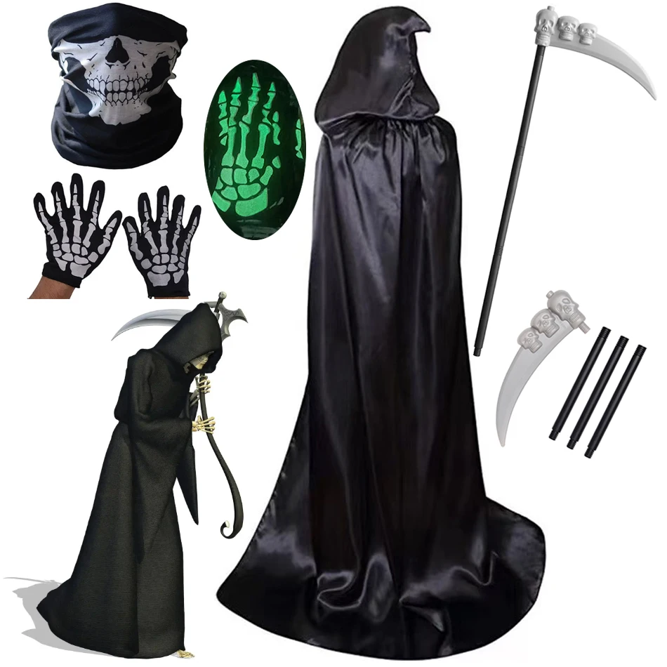 Capa de muerte Unisex, bata de vampiro, disfraz de Halloween, disfraz de diablo, capa negra con capucha para chico adulto, conjunto de máscara facial con guante de hoz y esqueleto