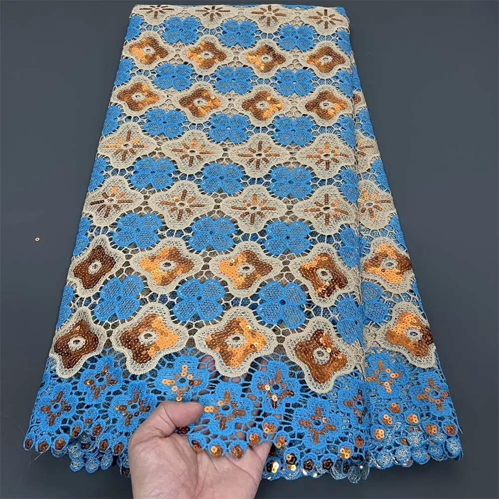 

African NigerianTulle Lace Fabric High-Quality Embroidery Sequins Water Soluble 5 Yards for Wedding Party Dresses PS0064 2025