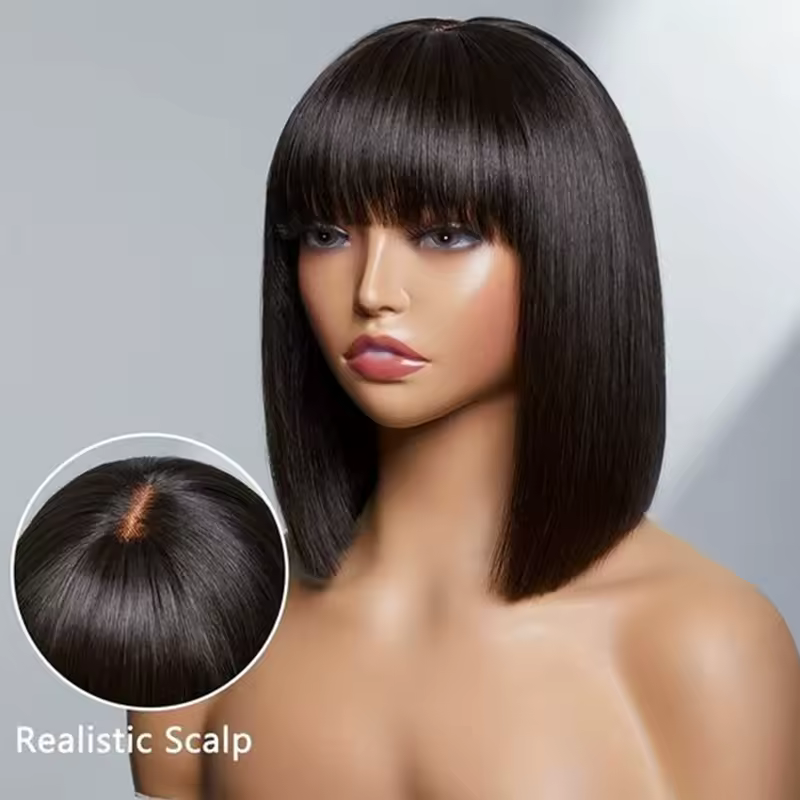 Brazilian Straight Bob Lace Wigs Glueless Straight Human Hair Wigs With Bangs Fringe Middle Part Bob Lace Wigs Realistic Scalp - Image 7