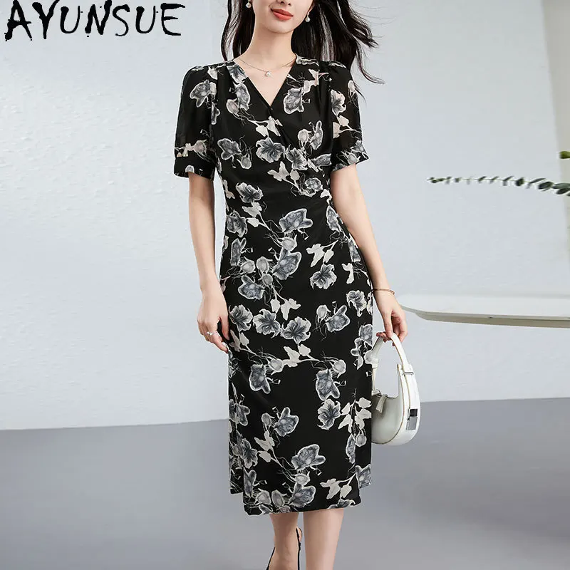 

AYUNSUE 100% шелковые платья из тутового шелка для женщин, летние черные платья, женское элегантное платье средней длины с V-образным вырезом, женская одежда, Vestido