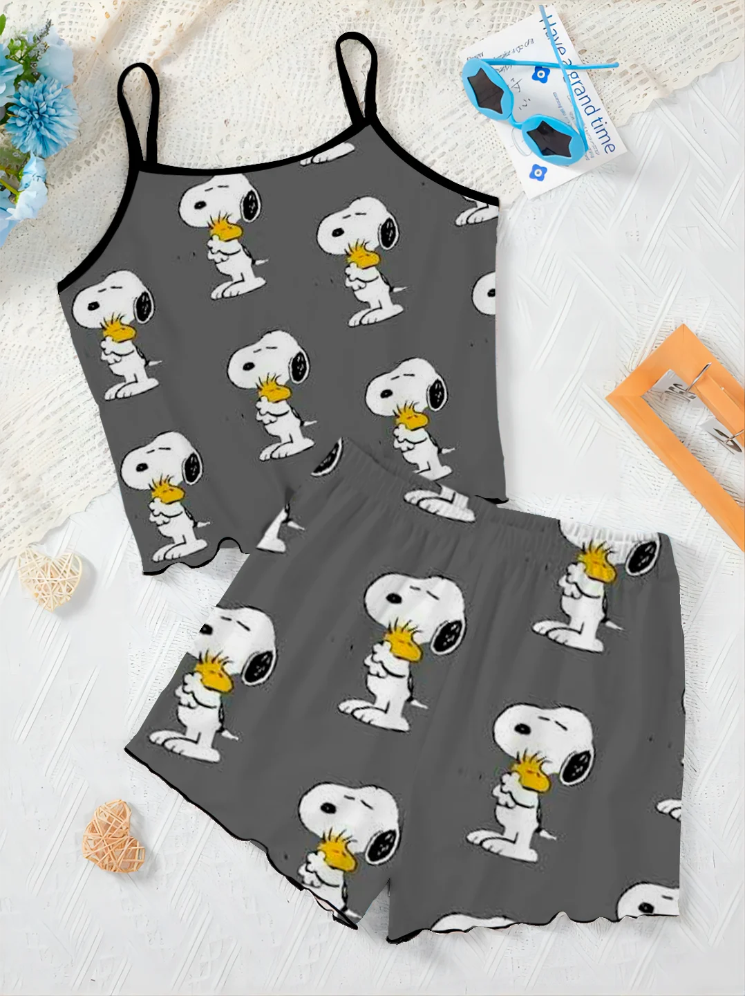 Abito da donna lattuga Trim Set da due pezzi abito da casa t-shirt Snoopy Short Set Disney Top Pieces elegante Bottom Disney Slip Dress