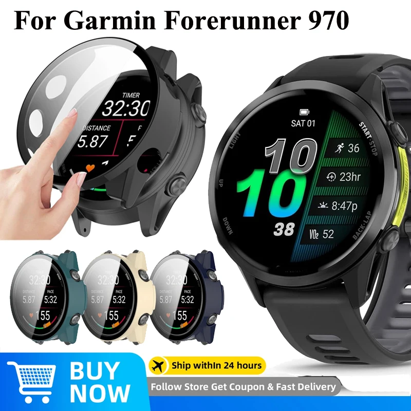 Gehärtetes Glas + Displayschutzfolie für Garmin Forerunner 970, kratzfest, PC-Schutzstoßstange für Garmin Forerunner 970, 47 mm