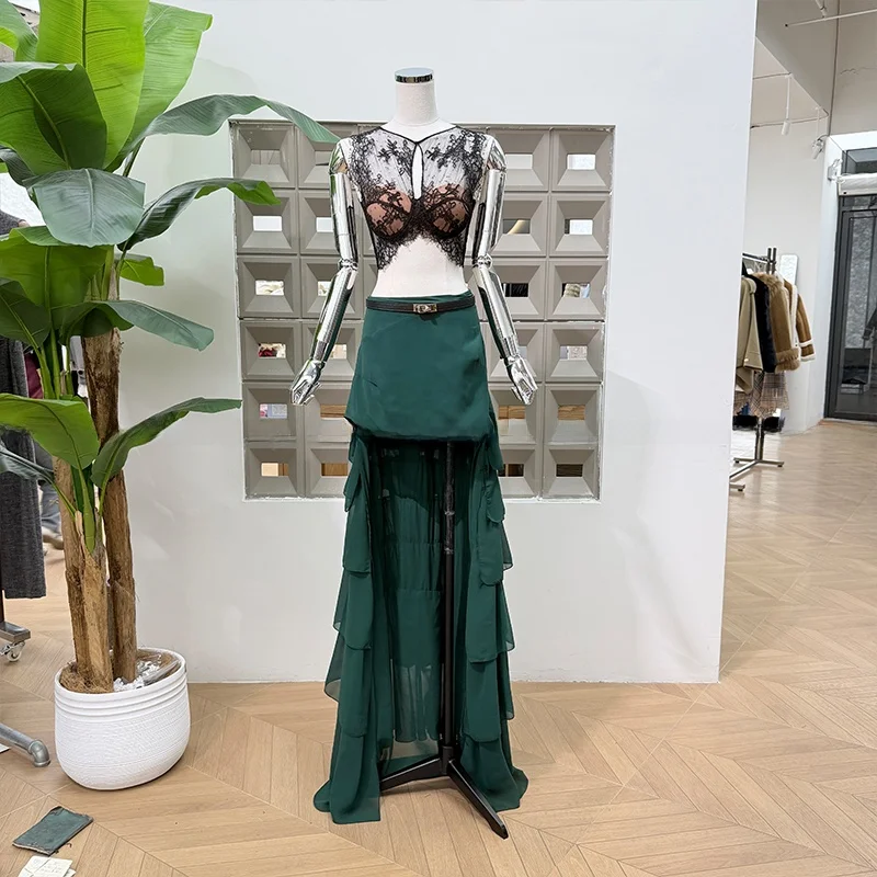 

Sexy Trendy ort Lace Vest High Waist f Skirt Two-Piece Set for Women Hollow out Design Front ort Ba Long Sle