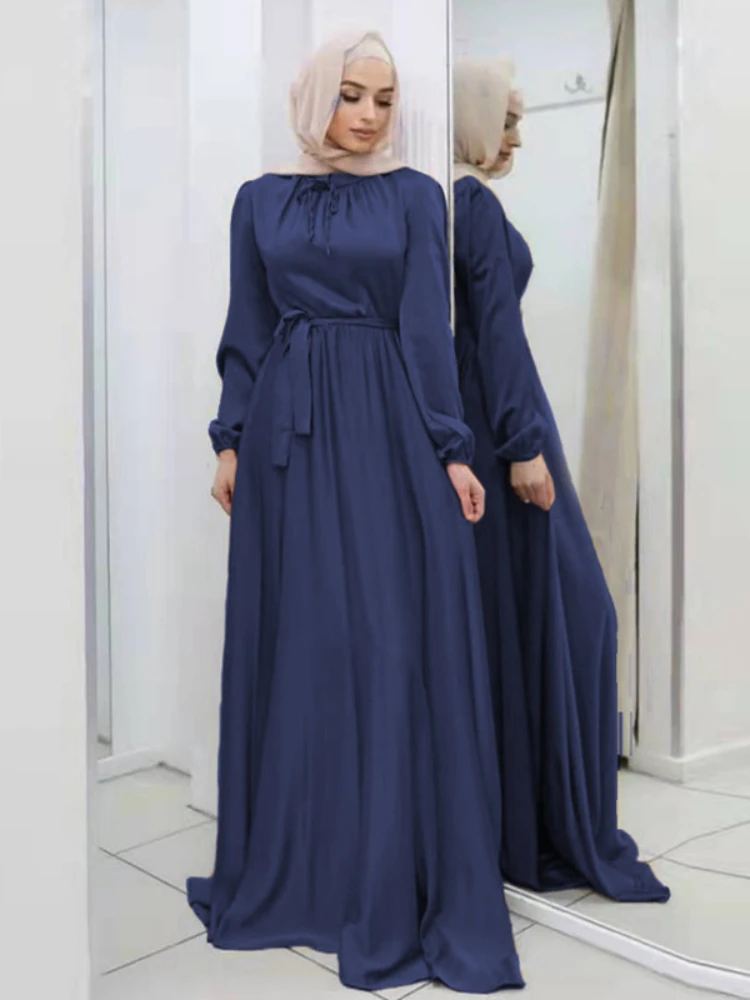 Elegant Satin Maxi Dress for Women Muslim Abaya Lace-up Long Sleeve Ramadan Long Dress Robe Arab Ankle-Length Vestidos 2023