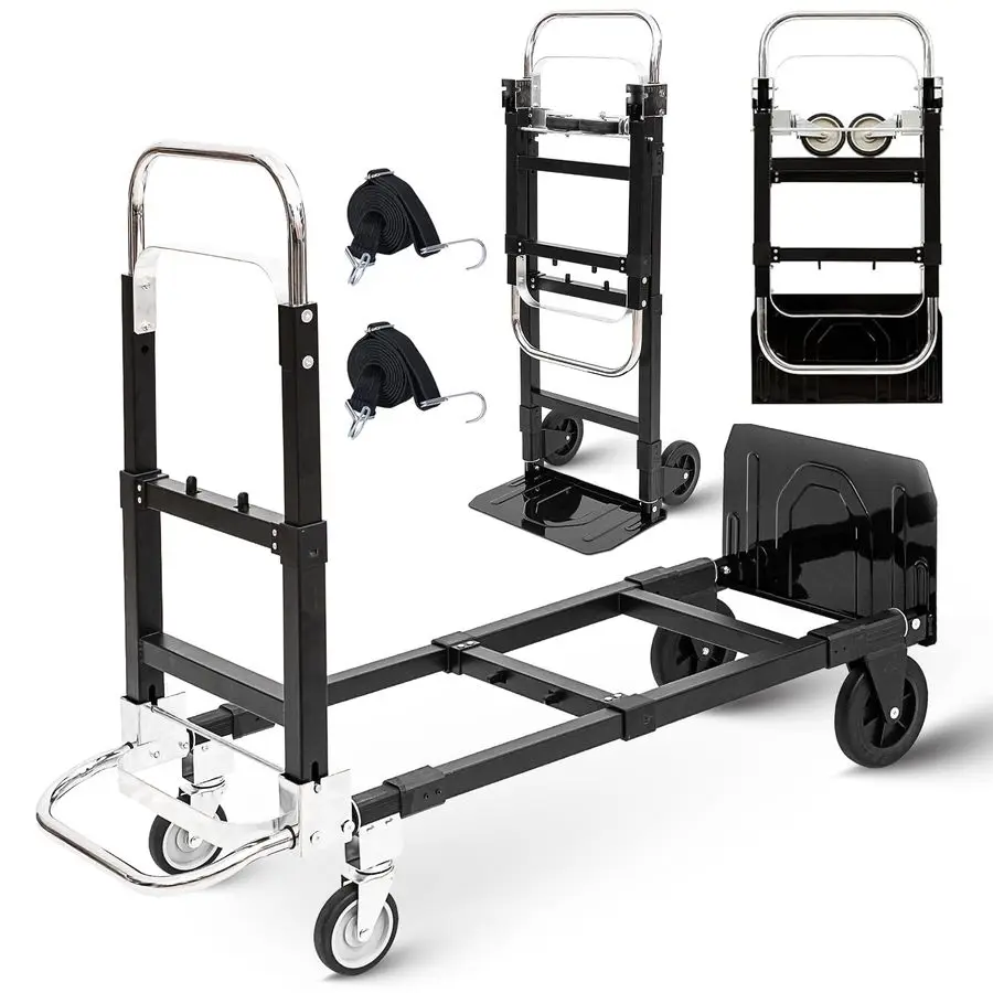 

3 in 1 Folding Hand Truck, 600lbs Capacity, Heavy Duty Convertible Dolly with Retractable Handle and 4 Rubber Wheels, Collapsibl