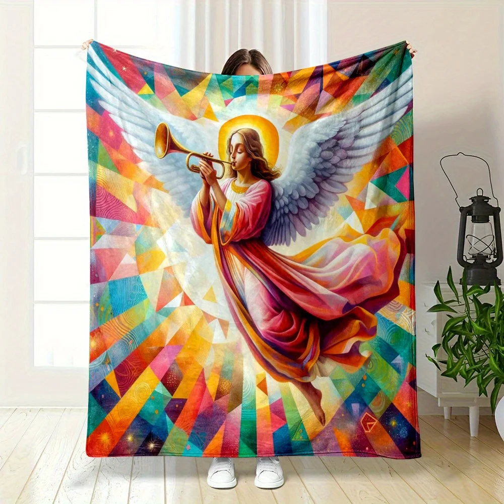 Colorful Angel Playing Trumpet Throw Blanket Religious Art Design for Living Room Decor Gift for Her SpiritualHomeStyle