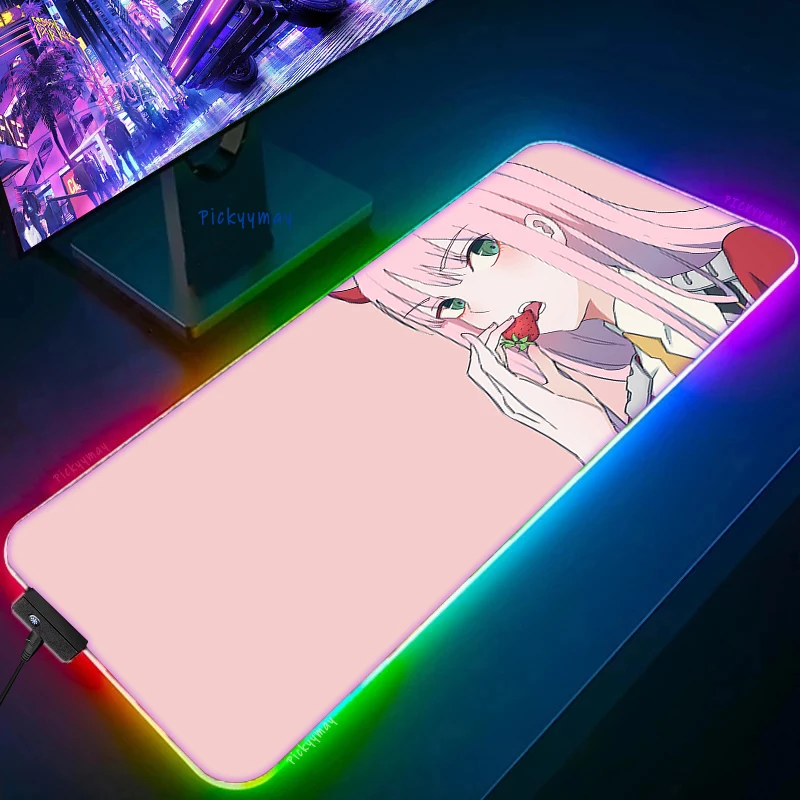 Zero Two Darling LED Mousepads Anime Large Backlight Desk Mat 39.3x19.6in Gamer Mousepad RGB Mouse Pad Luminous Mouse Mat Otaku