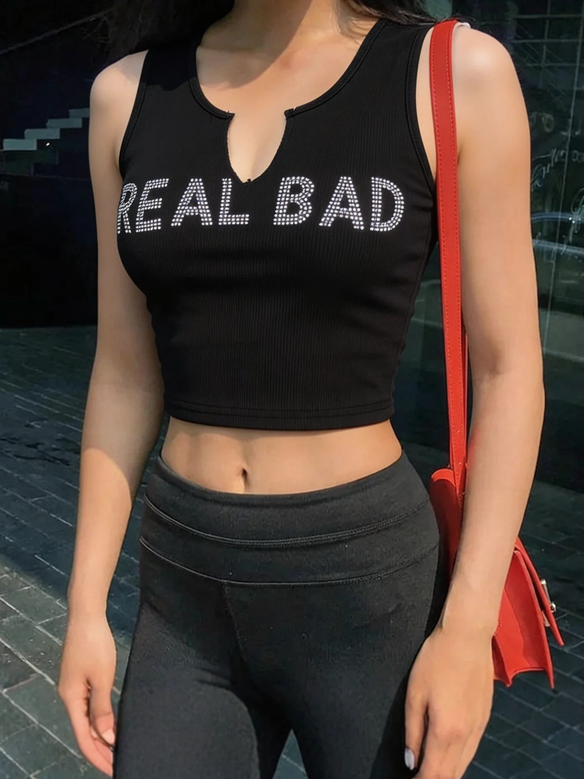 Hot Notch Neck Ribbed Rhinestone Letter Black Crop Tank Top, Cami for Women Streetwear & Casual