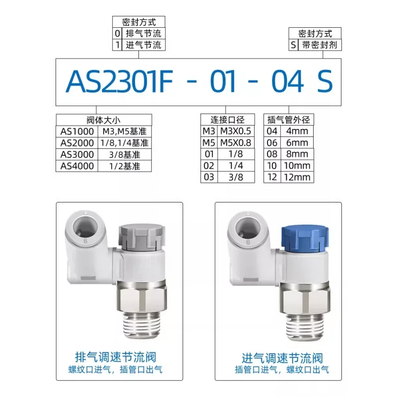 10pcs AS1301F M5 04A 06A Pneumatic Speed Control Valve AS2301F 01 06SA Cylinder Throttle Connector