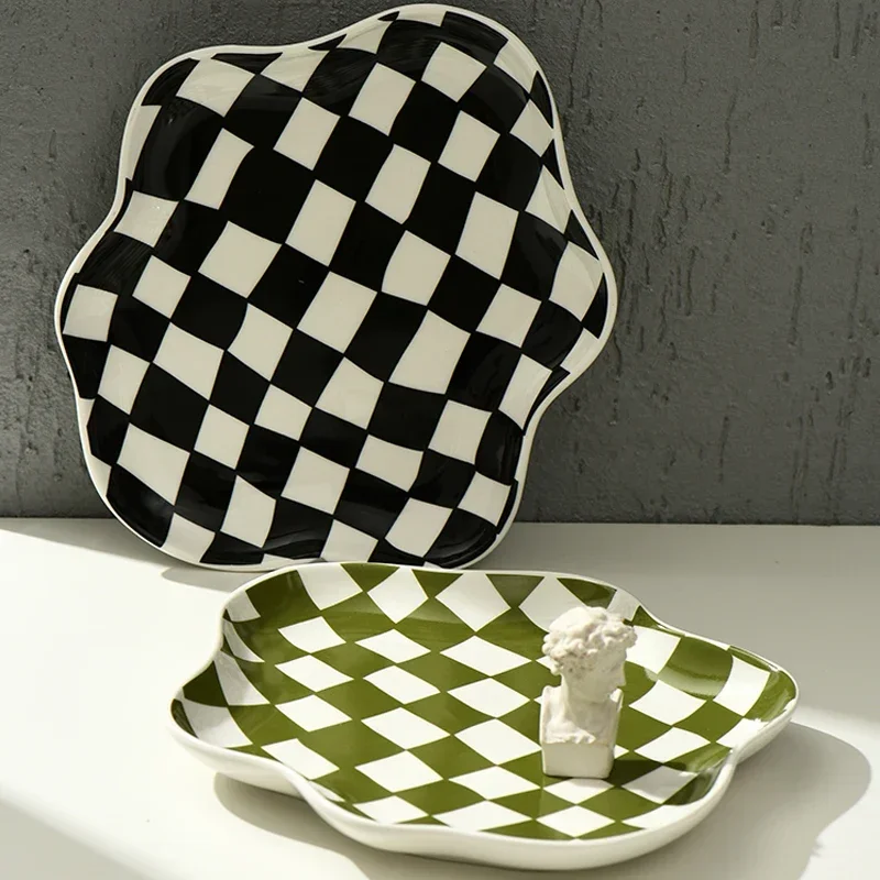 

Nordic Chessboard Ceramic Plate Irregular Black And White Lattice Storage Tray Home Decoration Kitchen Supplies Retro Tableware