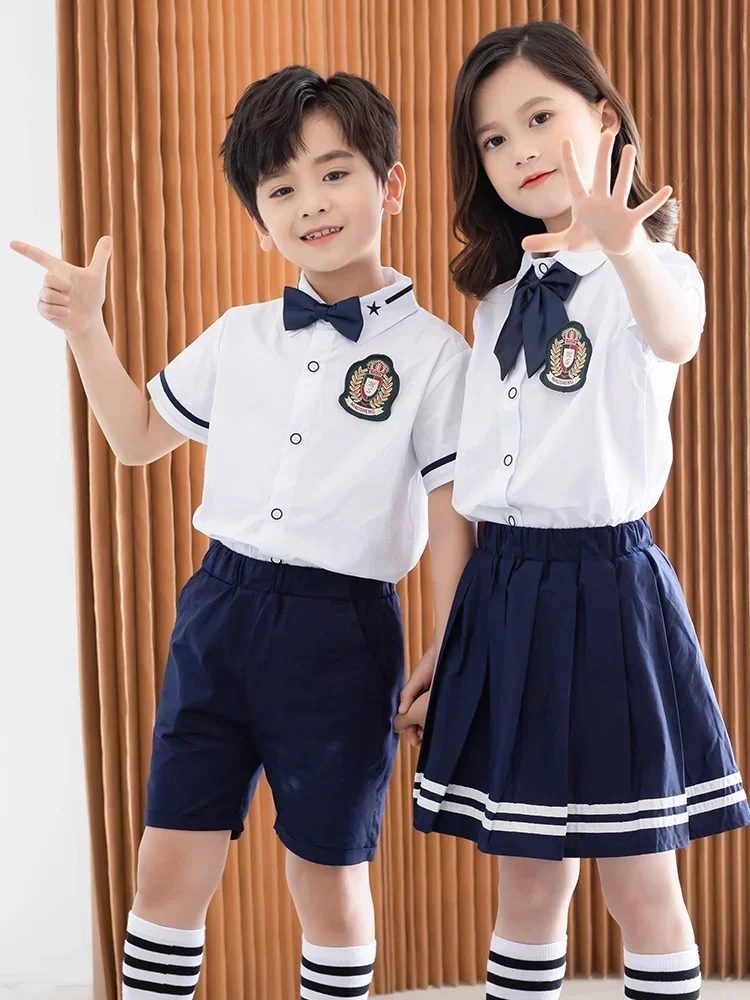 Kindergarten uniforms, summer attire, children\'s style, new class uniforms, navy skirt for school uniforms, English style,