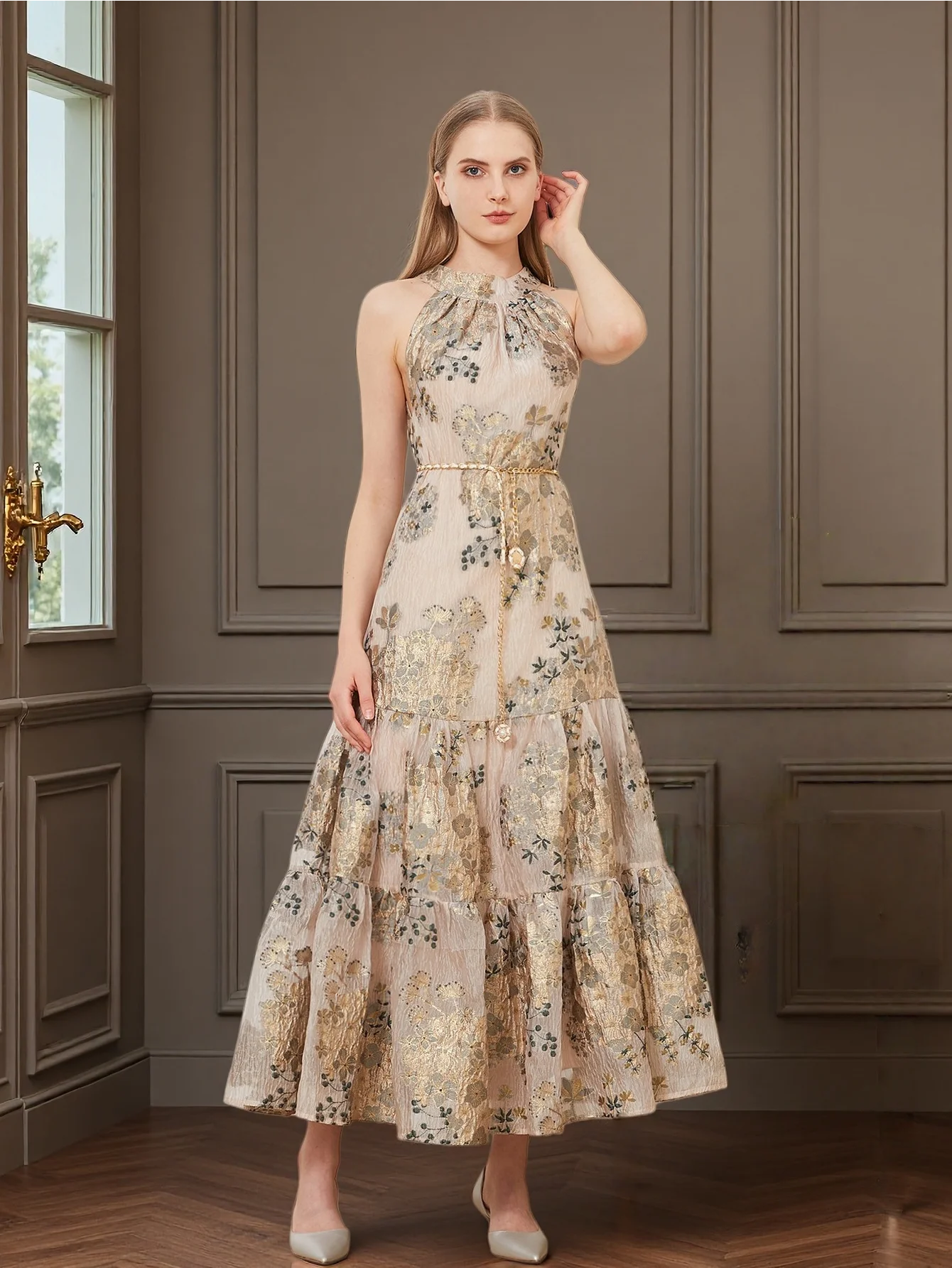 

Elegant Lady Champagne Gold Heavy Jacquard Sexy Halter Neck Sleeveless Waist-Flared Maxi Evening Gown