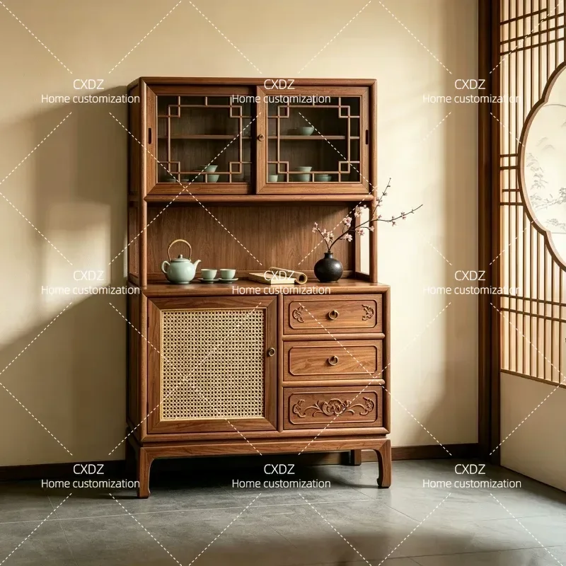 Song Style Aesthetics Black Walnut Dining Side Cabinet Wall Mounted Bogu Rack New Chinese Tea Room Storage Display Furniture
