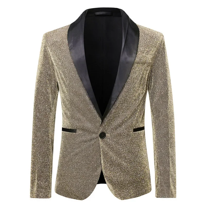 Men Shawl Lapel Blazer Slim Fit One Button Shiny Blue Glitter Suit Jacket Men DJ Nightclub Stage Singer Clothes Costume