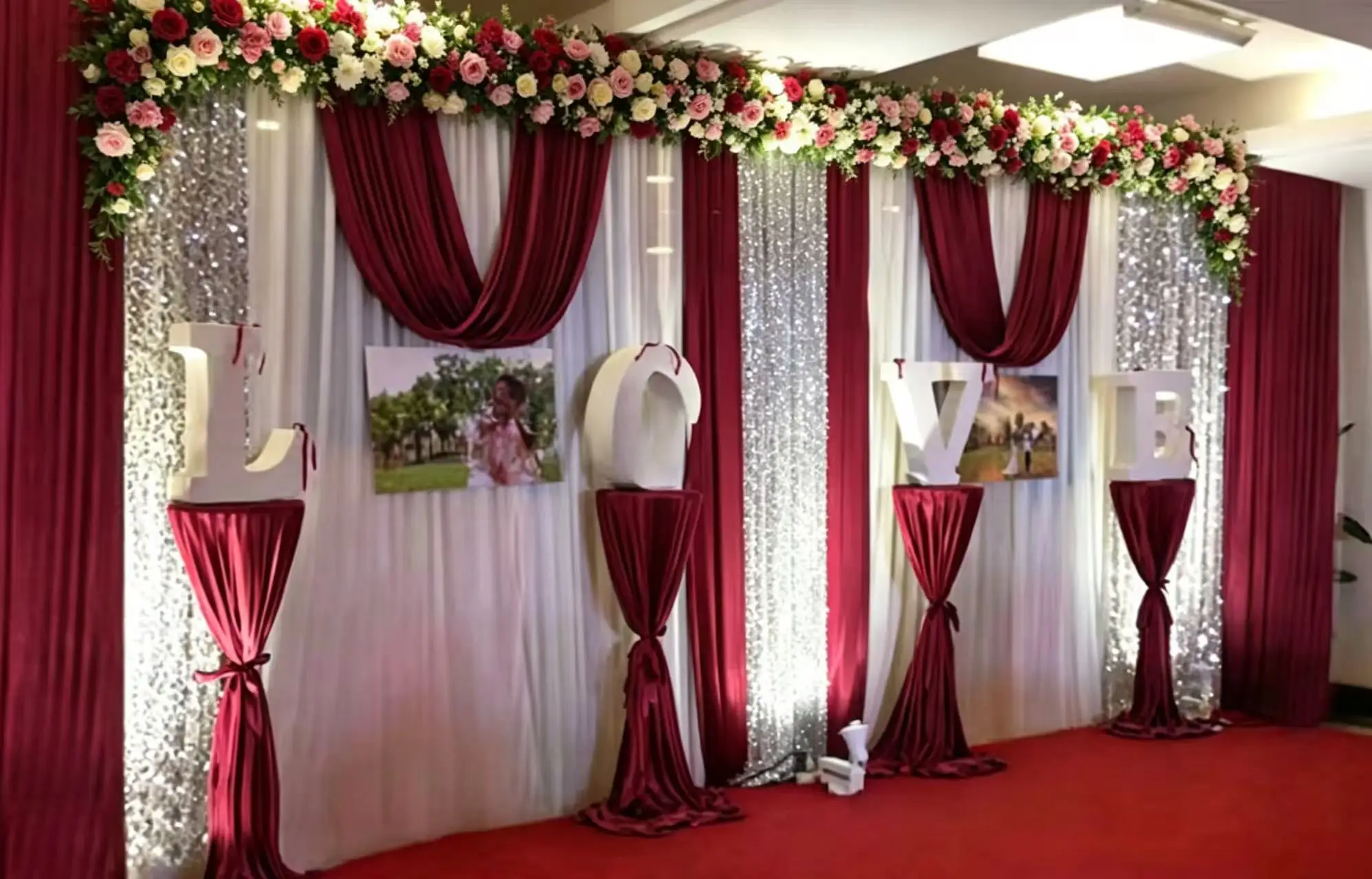 

White Burgundy 3X6M/10X20FT Ice Silk Wedding Backdrop Curtain Stage Background Drape Photo Booth Banquet Event Party Decoration