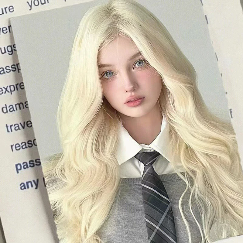 Woman Center Parting Long Curly Hair Lady Daily Clothing Fashion Match Eight Character Bangs Long Hair Ball Headwear Golden Wig