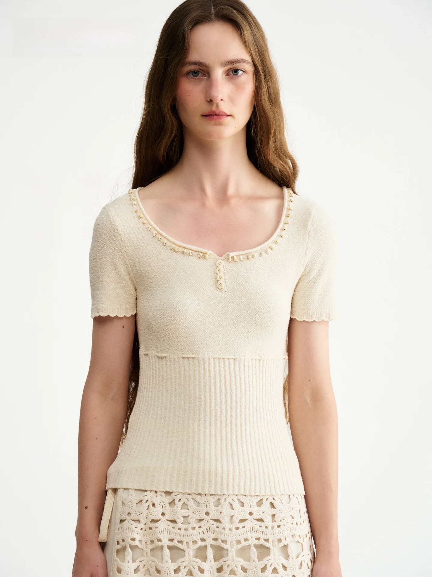 

Женский топ Hamere Spring Summer 26 из хлопка с жемчужной отделкой, вязаный, с квадратным вырезом, кружевной, простой крой