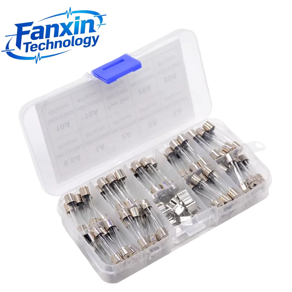 72PCS 6x30mm Fast-Blow Glass Fuses Assorted Kit 250V Tube Fuses 0.5A 1A 2A 3A 5A 10A 15A 20A 30A Amp